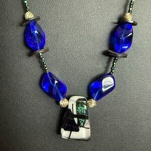 Cobalt Blue Necklace with silver beads and Art Glass Pendant